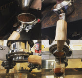 Four images of Espresso Shot pulling from wooden handled portafilter